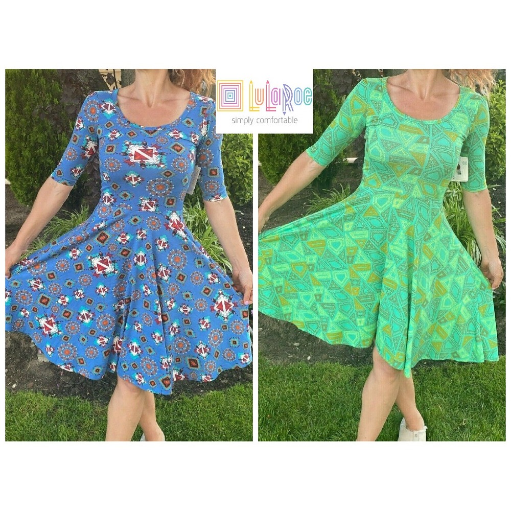 LULAROE NICOLE FIT FLARE SWIRL SHORT SLEEVE DRESS LOT BLUE GREEN GEOMETRIC XXS
